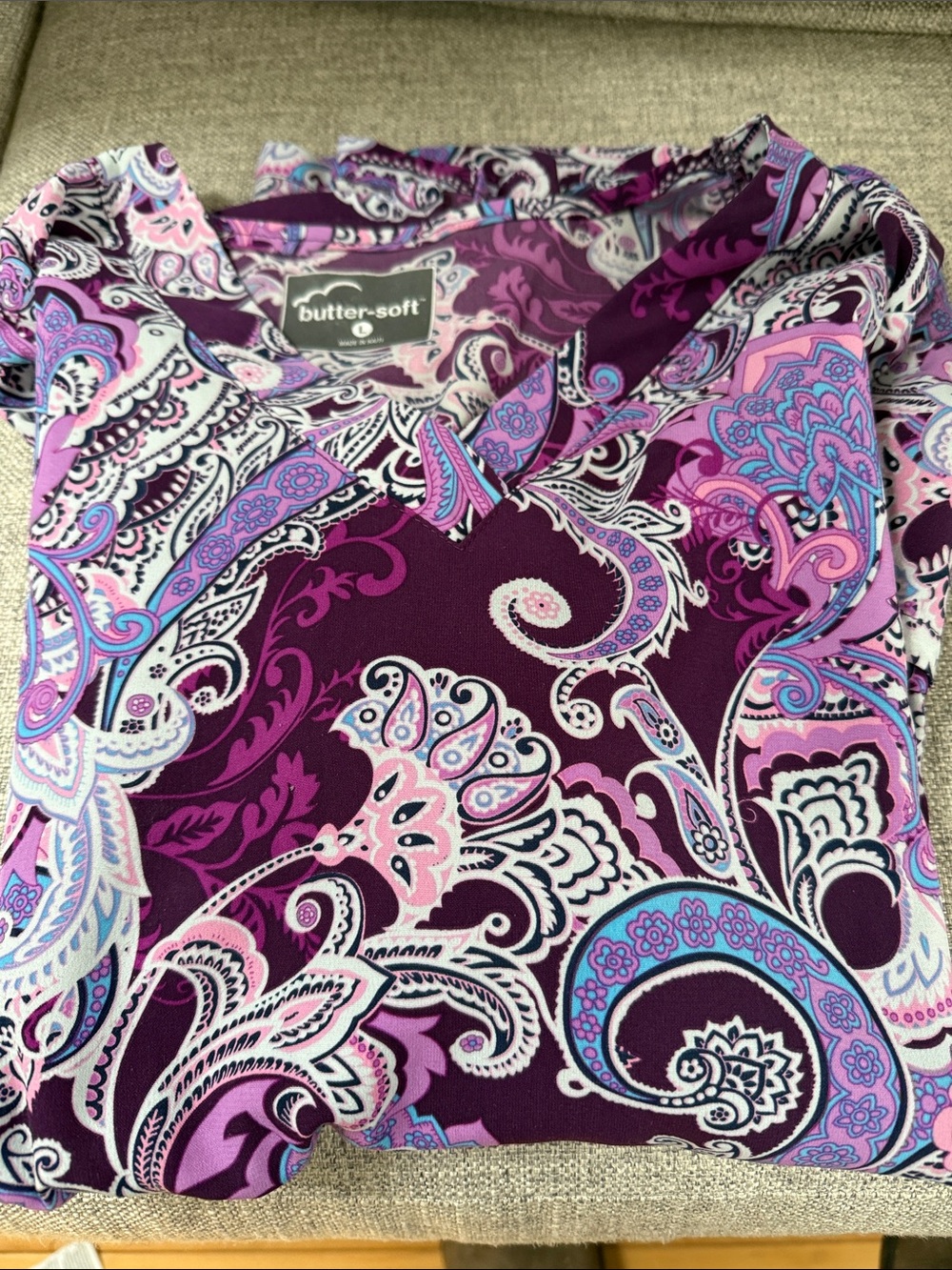 Butter-Soft Women’s Purple Paisley V-Neck Blouse with Pink & Blue Accents